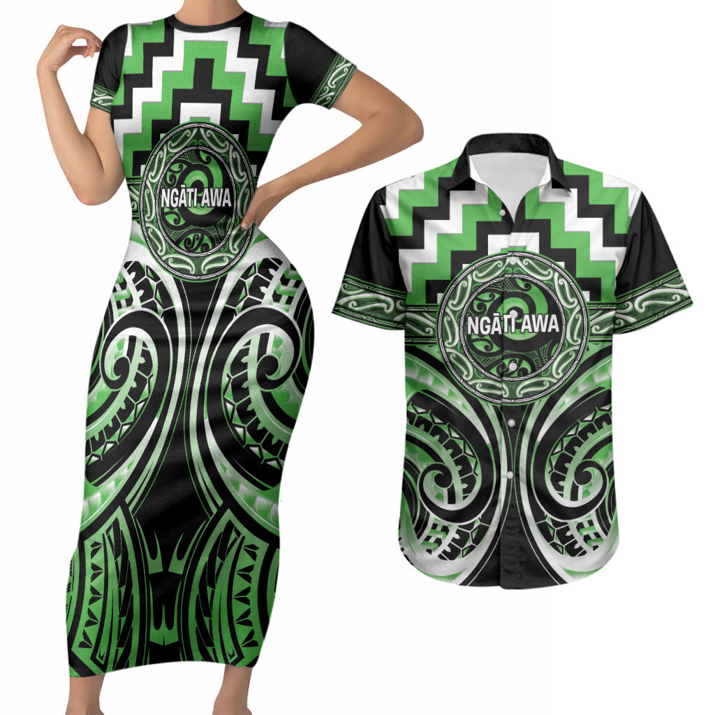 Aotearoa Ngati Awa Personalised Couples Matching Short Sleeve Bodycon Dress and Hawaiian Shirt Maori Iwi Poutama Puhoro Tattoo