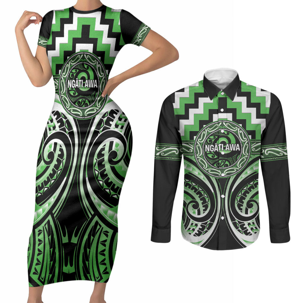 Aotearoa Ngati Awa Personalised Couples Matching Short Sleeve Bodycon Dress and Long Sleeve Button Shirt Maori Iwi Poutama Puhoro Tattoo