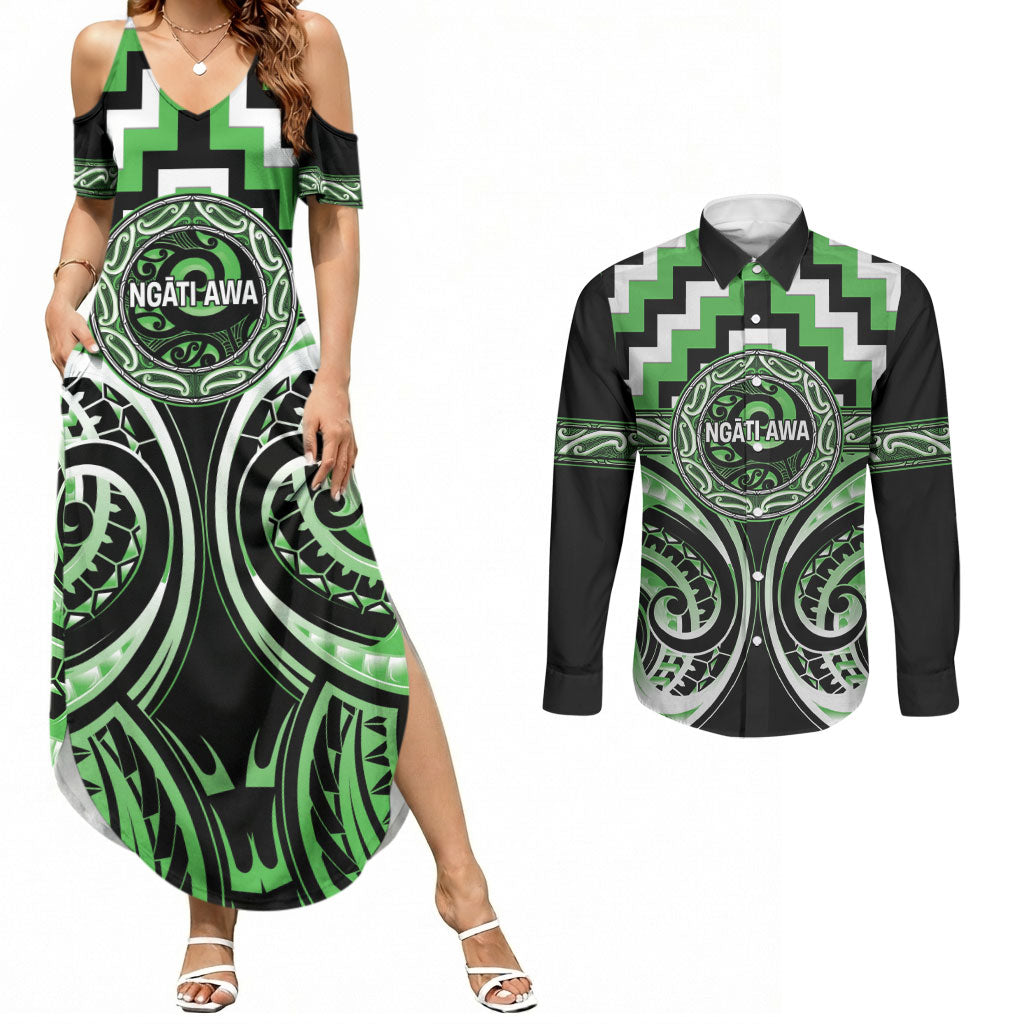 Aotearoa Ngati Awa Personalised Couples Matching Summer Maxi Dress and Long Sleeve Button Shirt Maori Iwi Poutama Puhoro Tattoo