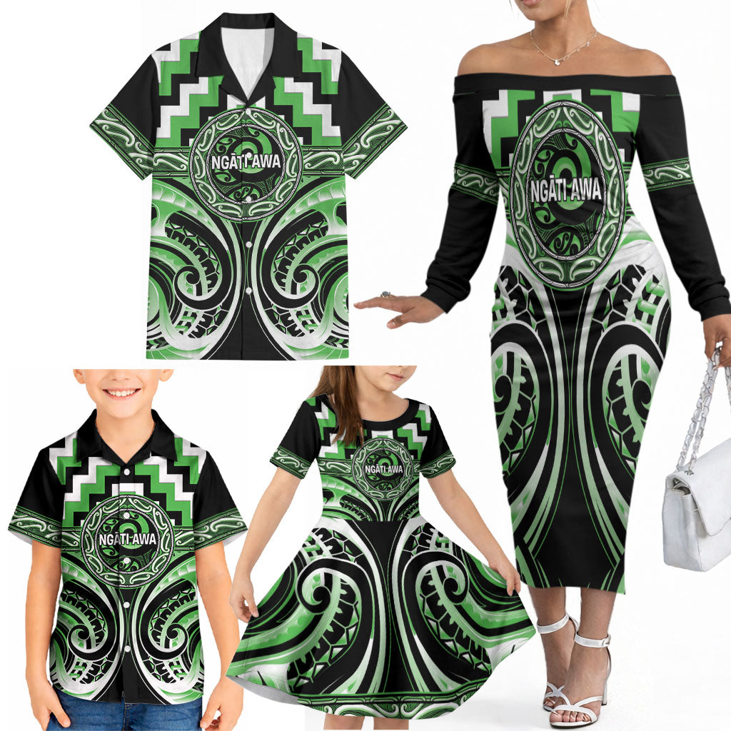 Aotearoa Ngati Awa Personalised Family Matching Off The Shoulder Long Sleeve Dress and Hawaiian Shirt Maori Iwi Poutama Puhoro Tattoo
