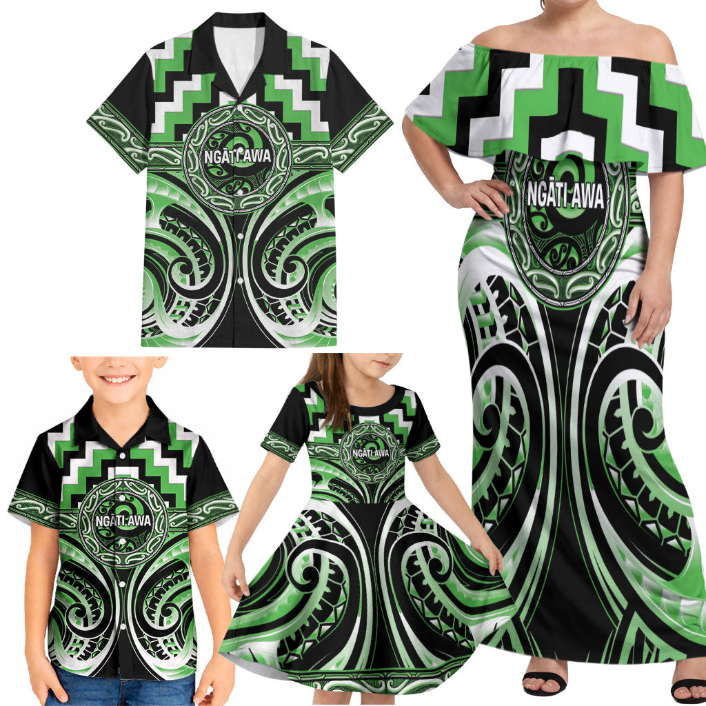 Aotearoa Ngati Awa Personalised Family Matching Off Shoulder Maxi Dress and Hawaiian Shirt Maori Iwi Poutama Puhoro Tattoo