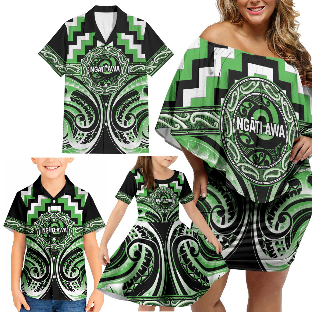 Aotearoa Ngati Awa Personalised Family Matching Off Shoulder Short Dress and Hawaiian Shirt Maori Iwi Poutama Puhoro Tattoo