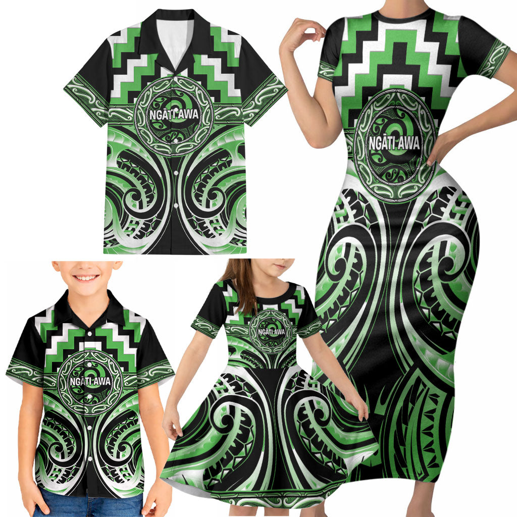 Aotearoa Ngati Awa Personalised Family Matching Short Sleeve Bodycon Dress and Hawaiian Shirt Maori Iwi Poutama Puhoro Tattoo