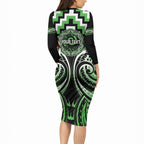 Aotearoa Ngati Awa Personalised Long Sleeve Bodycon Dress Maori Iwi Poutama Puhoro Tattoo