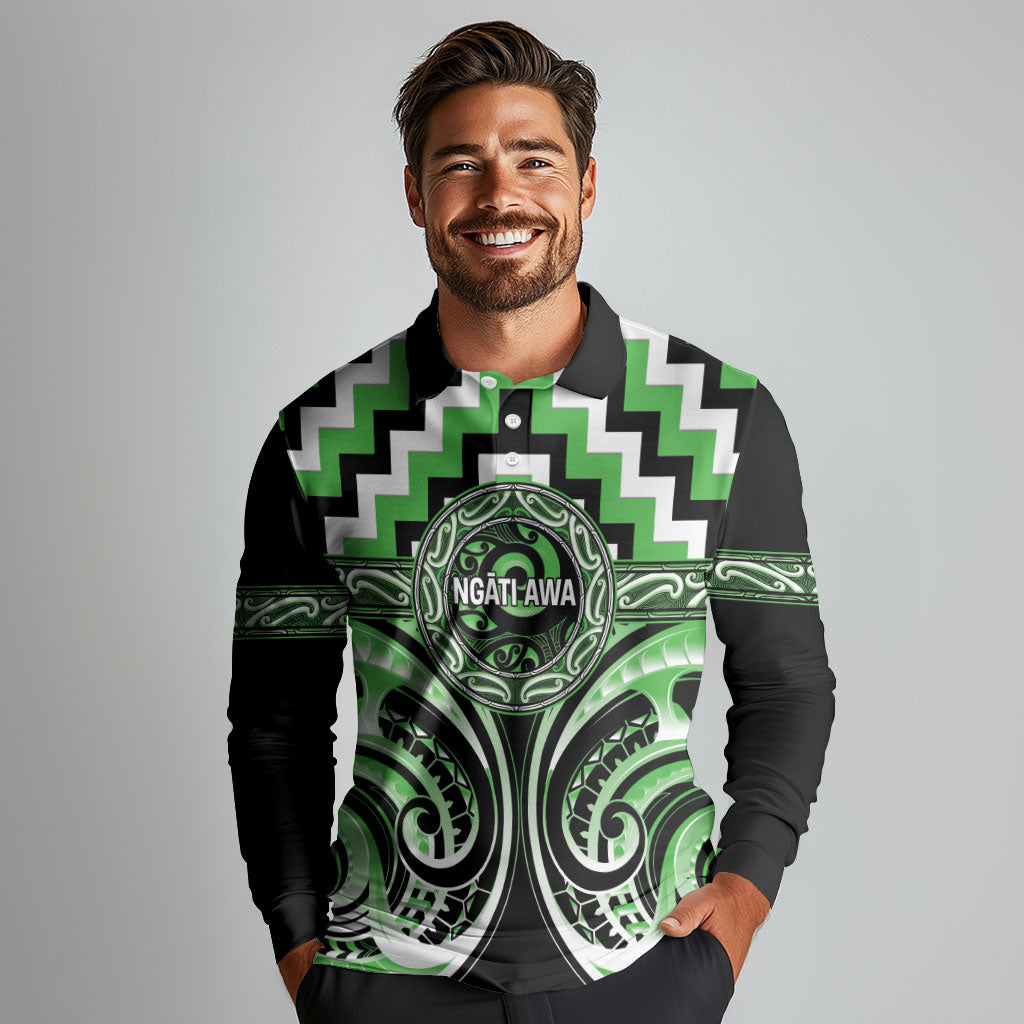 Aotearoa Ngati Awa Personalised Long Sleeve Polo Shirt Maori Iwi Poutama Puhoro Tattoo