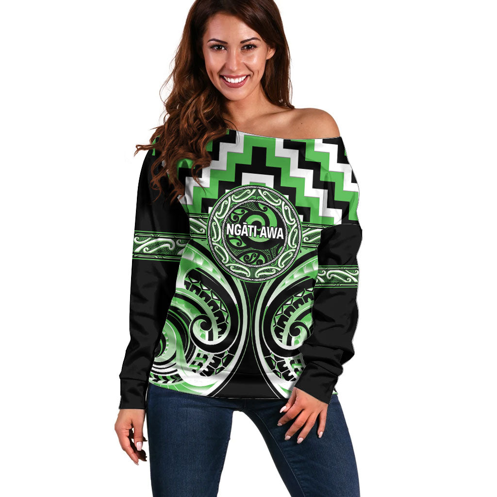 Aotearoa Ngati Awa Personalised Off Shoulder Sweater Maori Iwi Poutama Puhoro Tattoo