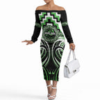 Aotearoa Ngati Awa Personalised Off The Shoulder Long Sleeve Dress Maori Iwi Poutama Puhoro Tattoo