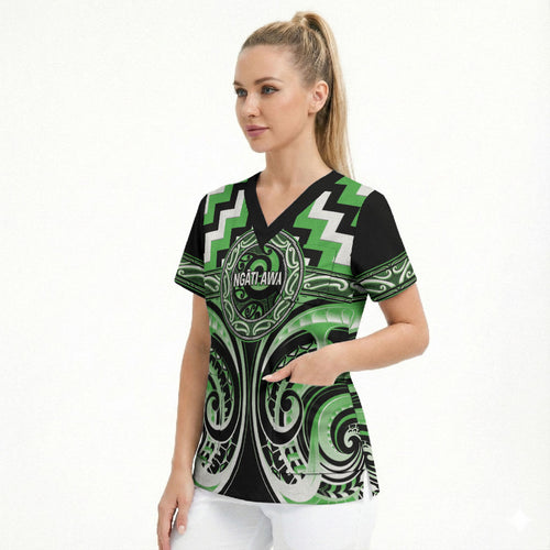 Aotearoa Ngati Awa Personalised Scrub Top Maori Iwi Poutama Puhoro Tattoo