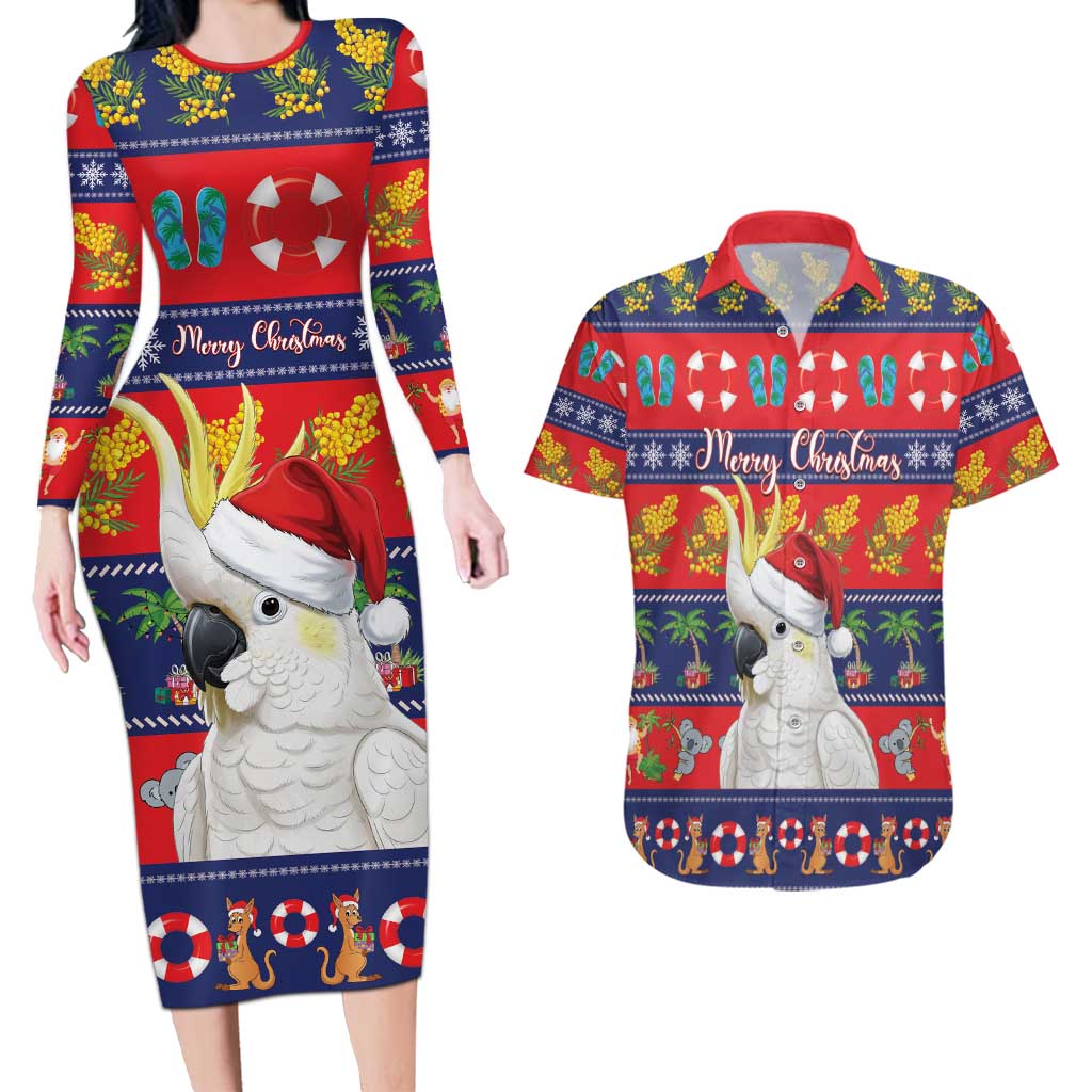 Sulphur-crested Cockatoo Australia Christmas Couples Matching Long Sleeve Bodycon Dress and Hawaiian Shirt Aussie Xmas Beach Vibes - Aussie Hoodie