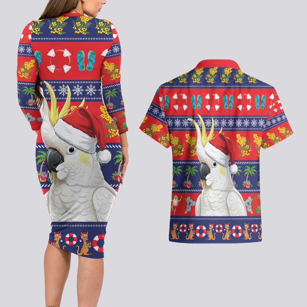 Sulphur-crested Cockatoo Australia Christmas Couples Matching Long Sleeve Bodycon Dress and Hawaiian Shirt Aussie Xmas Beach Vibes - Aussie Hoodie