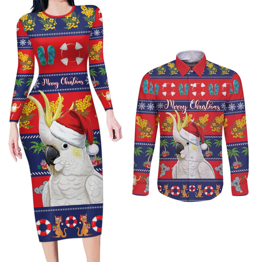 Sulphur-crested Cockatoo Australia Christmas Couples Matching Long Sleeve Bodycon Dress and Long Sleeve Button Shirt Aussie Xmas Beach Vibes - Aussie Hoodie