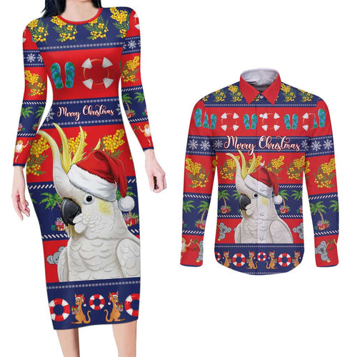 Sulphur-crested Cockatoo Australia Christmas Couples Matching Long Sleeve Bodycon Dress and Long Sleeve Button Shirt Aussie Xmas Beach Vibes - Aussie Hoodie