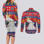 Sulphur-crested Cockatoo Australia Christmas Couples Matching Long Sleeve Bodycon Dress and Long Sleeve Button Shirt Aussie Xmas Beach Vibes - Aussie Hoodie