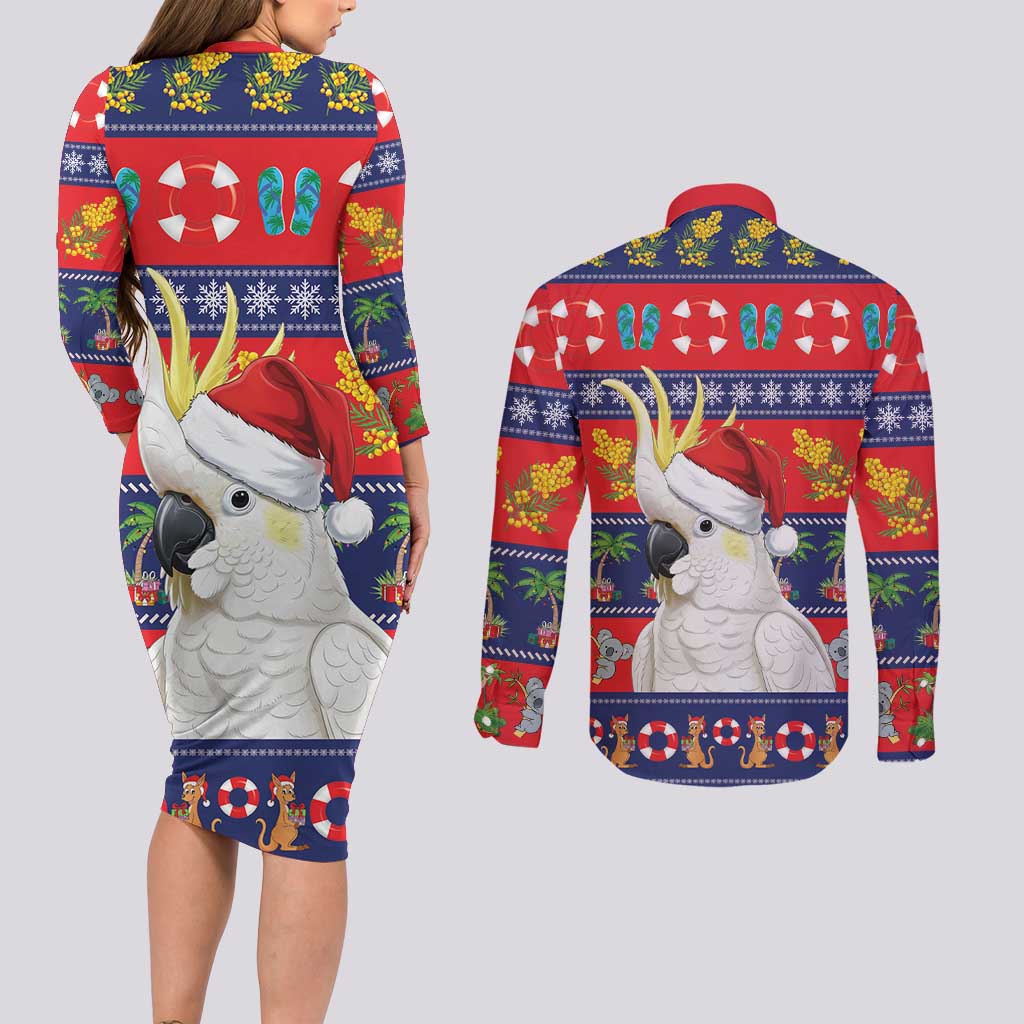 Sulphur-crested Cockatoo Australia Christmas Couples Matching Long Sleeve Bodycon Dress and Long Sleeve Button Shirt Aussie Xmas Beach Vibes - Aussie Hoodie