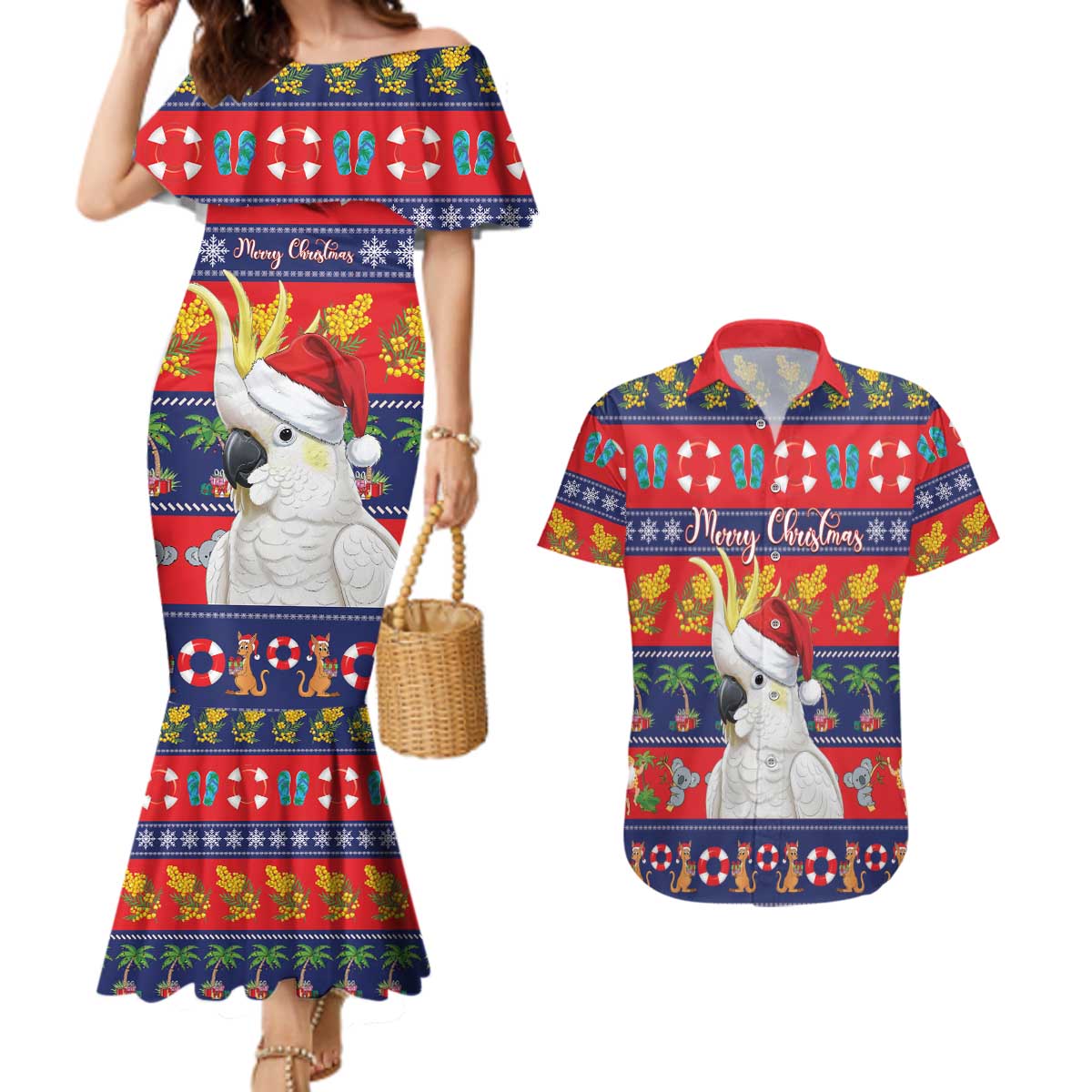 Sulphur-crested Cockatoo Australia Christmas Couples Matching Mermaid Dress and Hawaiian Shirt Aussie Xmas Beach Vibes - Aussie Hoodie