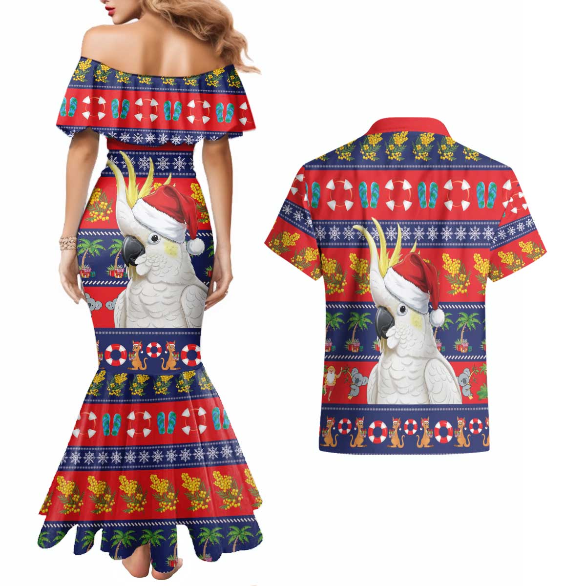 Sulphur-crested Cockatoo Australia Christmas Couples Matching Mermaid Dress and Hawaiian Shirt Aussie Xmas Beach Vibes - Aussie Hoodie