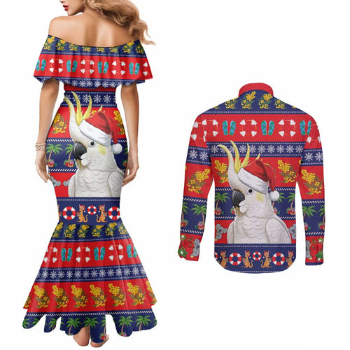 Sulphur-crested Cockatoo Australia Christmas Couples Matching Mermaid Dress and Long Sleeve Button Shirt Aussie Xmas Beach Vibes - Aussie Hoodie