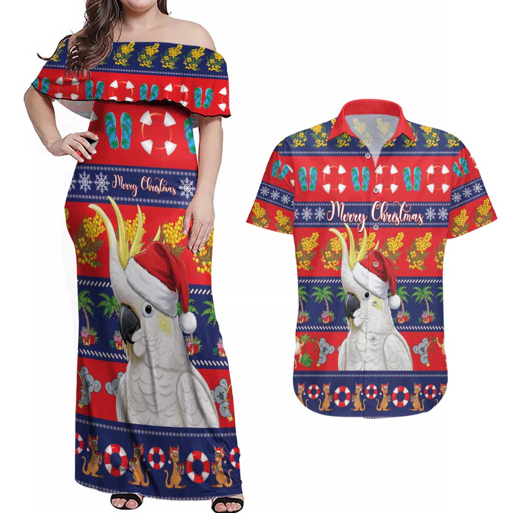 Sulphur-crested Cockatoo Australia Christmas Couples Matching Off Shoulder Maxi Dress and Hawaiian Shirt Aussie Xmas Beach Vibes - Aussie Hoodie