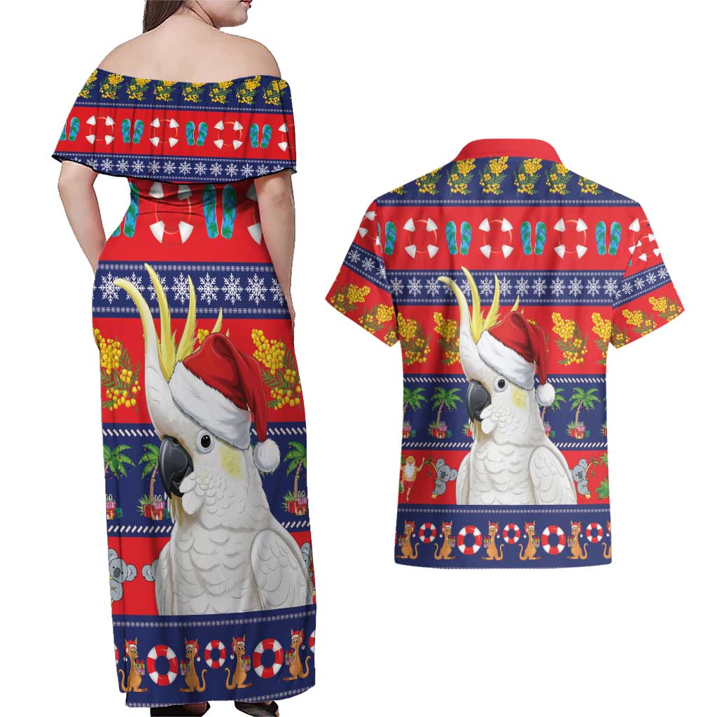 Sulphur-crested Cockatoo Australia Christmas Couples Matching Off Shoulder Maxi Dress and Hawaiian Shirt Aussie Xmas Beach Vibes - Aussie Hoodie