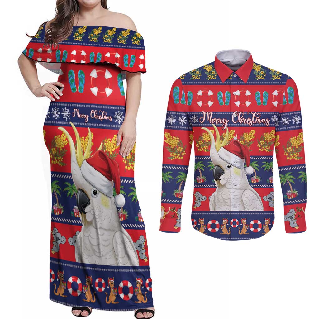 Sulphur-crested Cockatoo Australia Christmas Couples Matching Off Shoulder Maxi Dress and Long Sleeve Button Shirt Aussie Xmas Beach Vibes - Aussie Hoodie