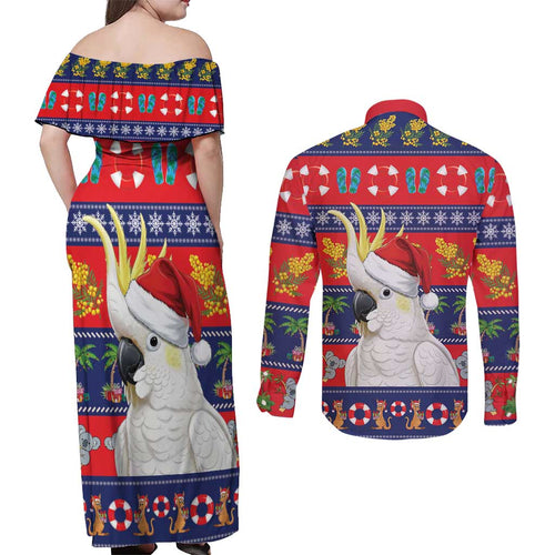 Sulphur-crested Cockatoo Australia Christmas Couples Matching Off Shoulder Maxi Dress and Long Sleeve Button Shirt Aussie Xmas Beach Vibes - Aussie Hoodie