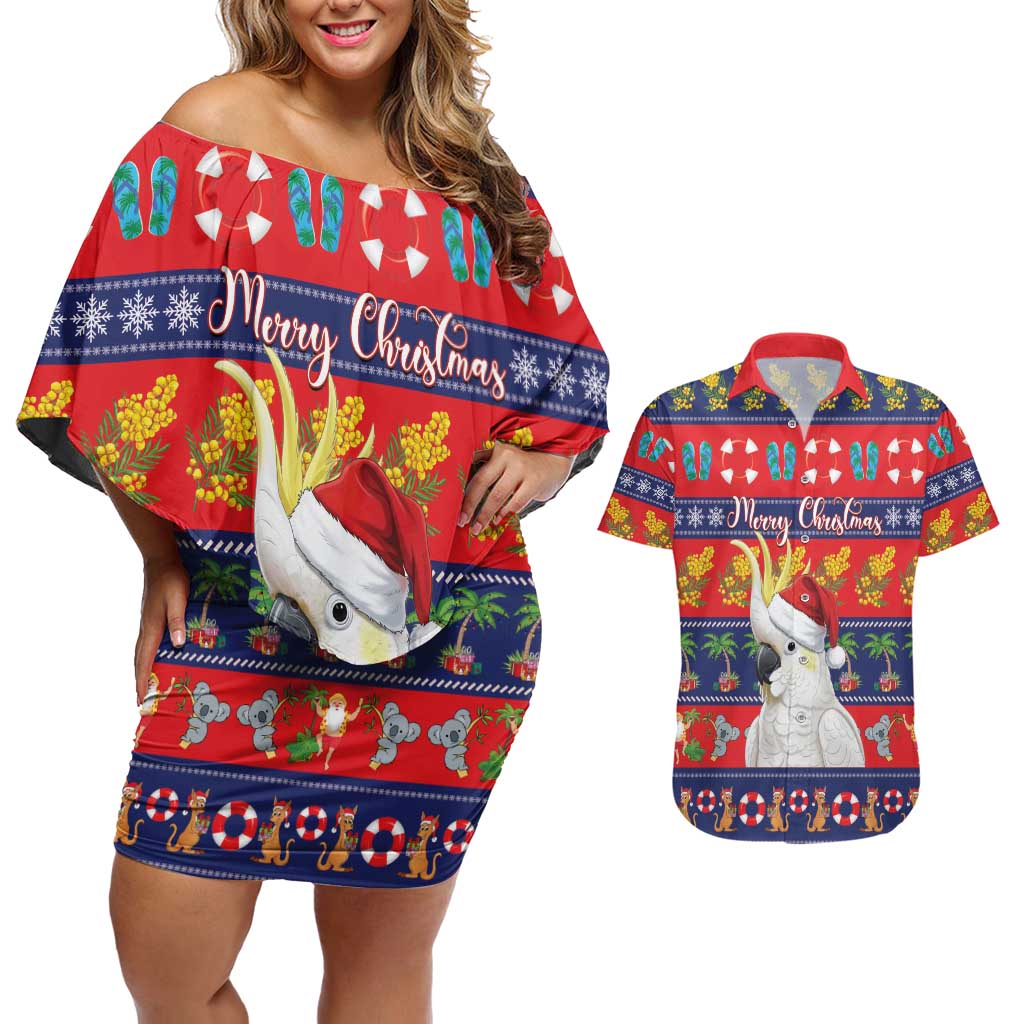 Sulphur-crested Cockatoo Australia Christmas Couples Matching Off Shoulder Short Dress and Hawaiian Shirt Aussie Xmas Beach Vibes - Aussie Hoodie