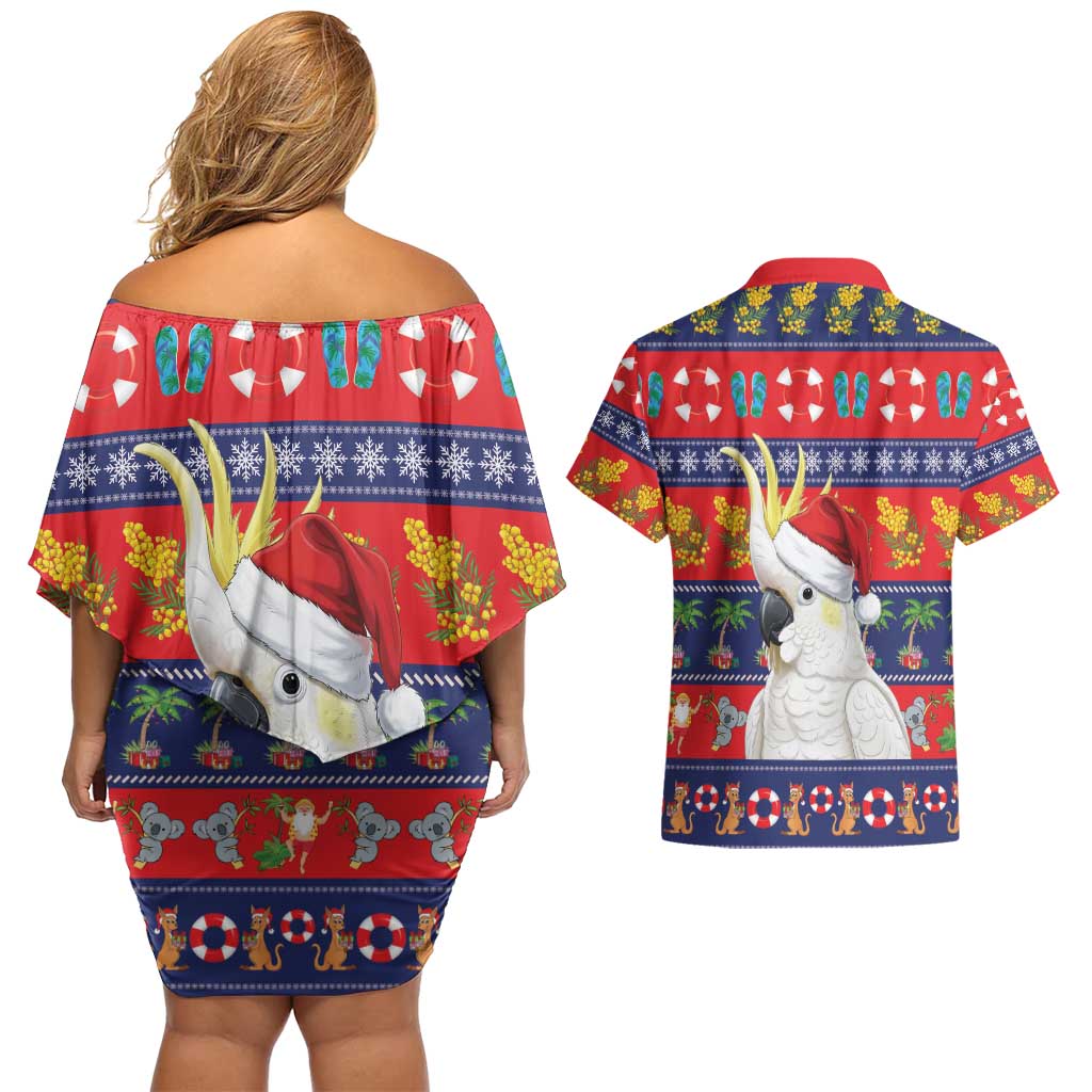 Sulphur-crested Cockatoo Australia Christmas Couples Matching Off Shoulder Short Dress and Hawaiian Shirt Aussie Xmas Beach Vibes - Aussie Hoodie