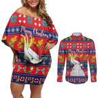 Sulphur-crested Cockatoo Australia Christmas Couples Matching Off Shoulder Short Dress and Long Sleeve Button Shirt Aussie Xmas Beach Vibes - Aussie Hoodie