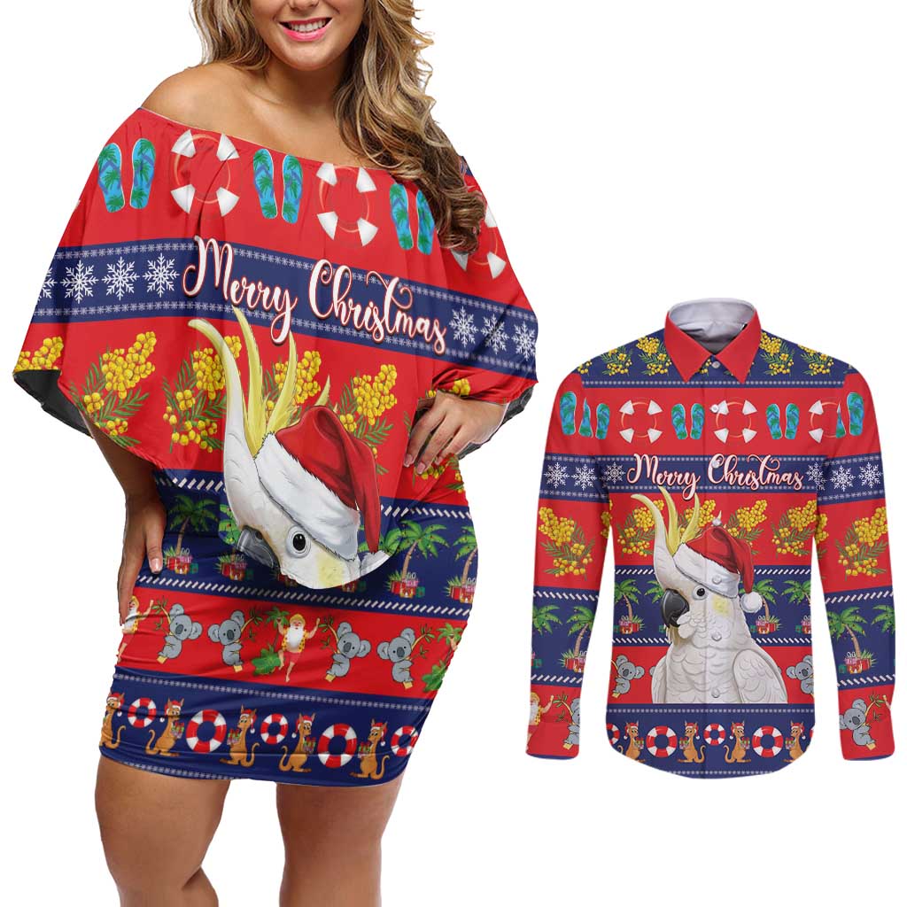 Sulphur-crested Cockatoo Australia Christmas Couples Matching Off Shoulder Short Dress and Long Sleeve Button Shirt Aussie Xmas Beach Vibes - Aussie Hoodie
