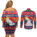 Sulphur-crested Cockatoo Australia Christmas Couples Matching Off Shoulder Short Dress and Long Sleeve Button Shirt Aussie Xmas Beach Vibes - Aussie Hoodie
