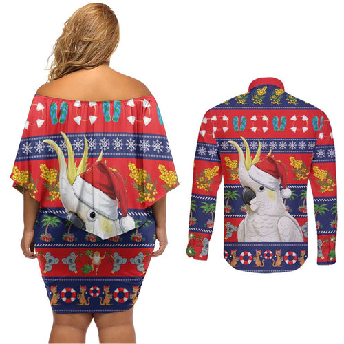 Sulphur-crested Cockatoo Australia Christmas Couples Matching Off Shoulder Short Dress and Long Sleeve Button Shirt Aussie Xmas Beach Vibes - Aussie Hoodie