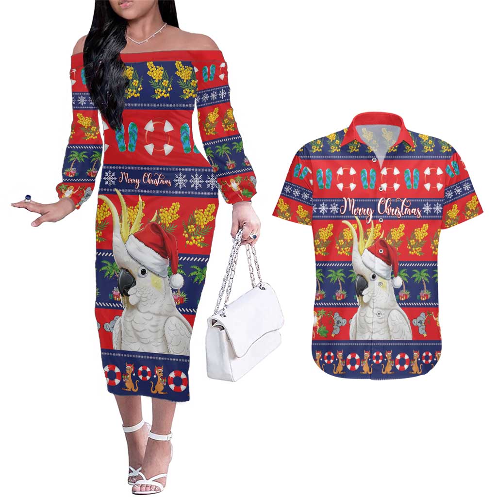 Sulphur-crested Cockatoo Australia Christmas Couples Matching Off The Shoulder Long Sleeve Dress and Hawaiian Shirt Aussie Xmas Beach Vibes - Aussie Hoodie