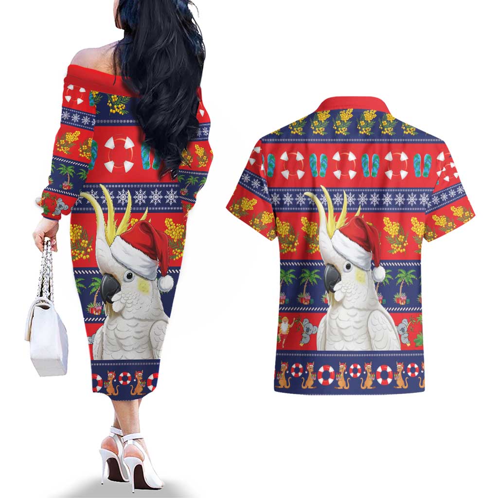 Sulphur-crested Cockatoo Australia Christmas Couples Matching Off The Shoulder Long Sleeve Dress and Hawaiian Shirt Aussie Xmas Beach Vibes - Aussie Hoodie