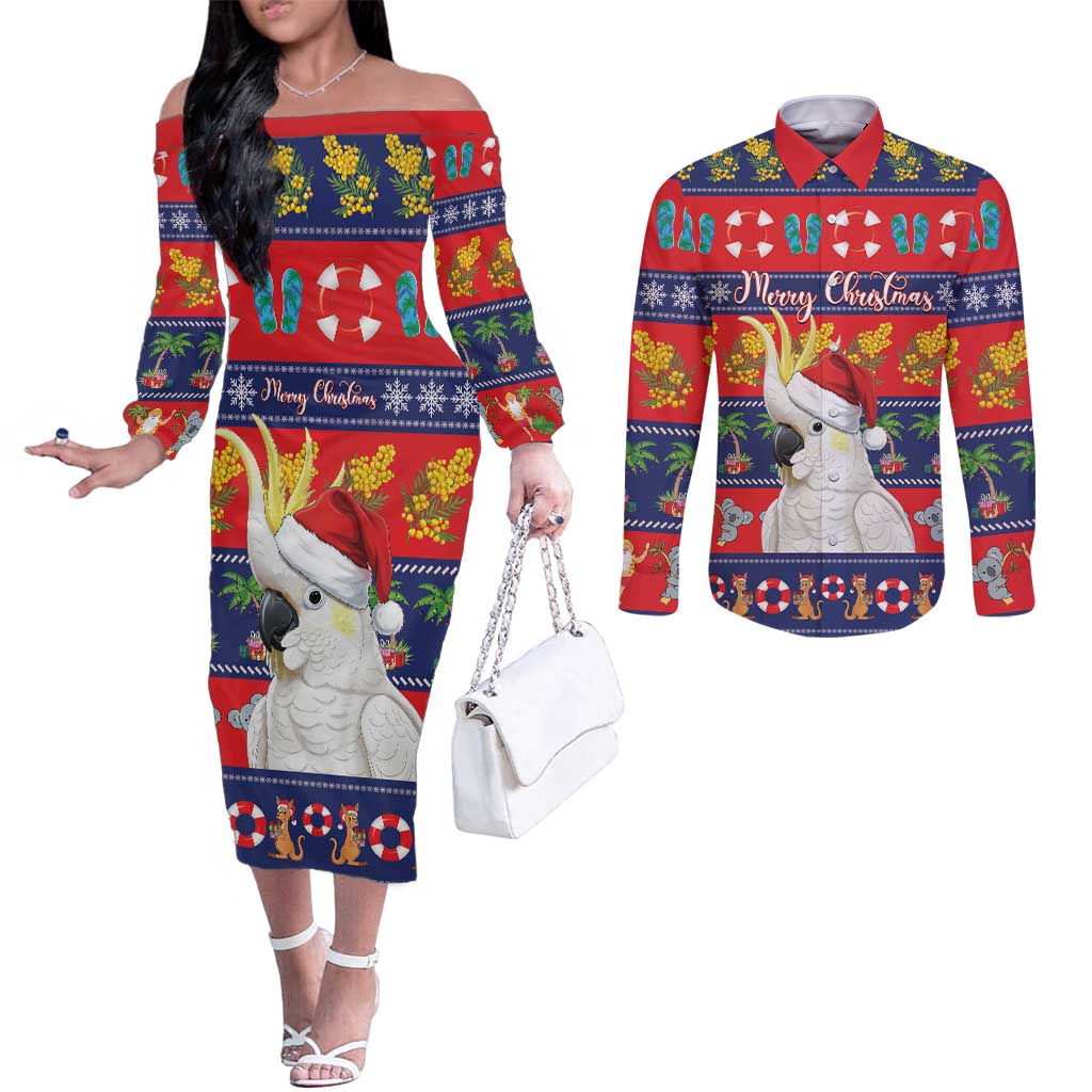 Sulphur-crested Cockatoo Australia Christmas Couples Matching Off The Shoulder Long Sleeve Dress and Long Sleeve Button Shirt Aussie Xmas Beach Vibes - Aussie Hoodie