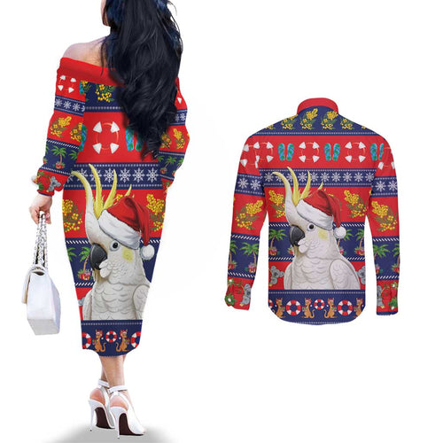 Sulphur-crested Cockatoo Australia Christmas Couples Matching Off The Shoulder Long Sleeve Dress and Long Sleeve Button Shirt Aussie Xmas Beach Vibes - Aussie Hoodie