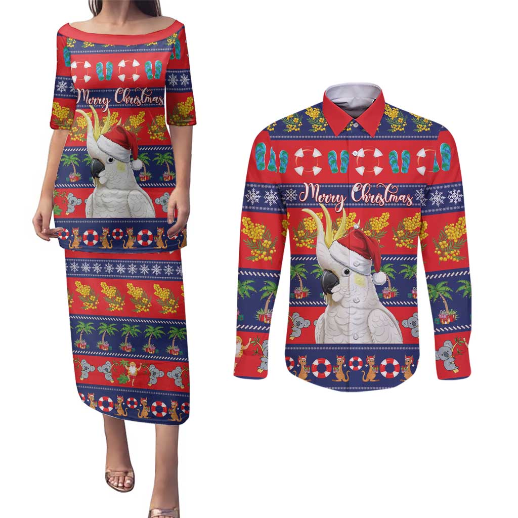 Sulphur-crested Cockatoo Australia Christmas Couples Matching Puletasi and Long Sleeve Button Shirt Aussie Xmas Beach Vibes - Aussie Hoodie