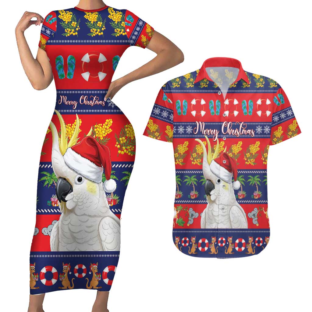 Sulphur-crested Cockatoo Australia Christmas Couples Matching Short Sleeve Bodycon Dress and Hawaiian Shirt Aussie Xmas Beach Vibes - Aussie Hoodie