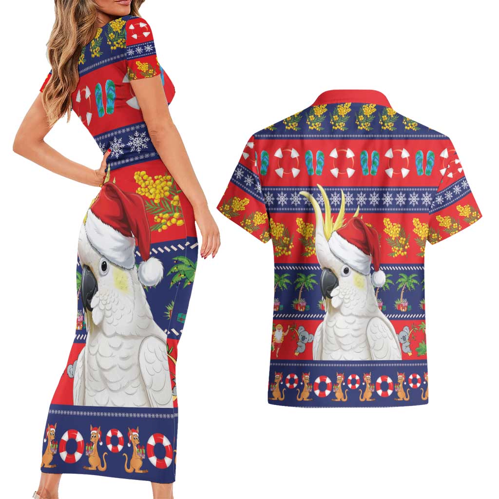 Sulphur-crested Cockatoo Australia Christmas Couples Matching Short Sleeve Bodycon Dress and Hawaiian Shirt Aussie Xmas Beach Vibes - Aussie Hoodie