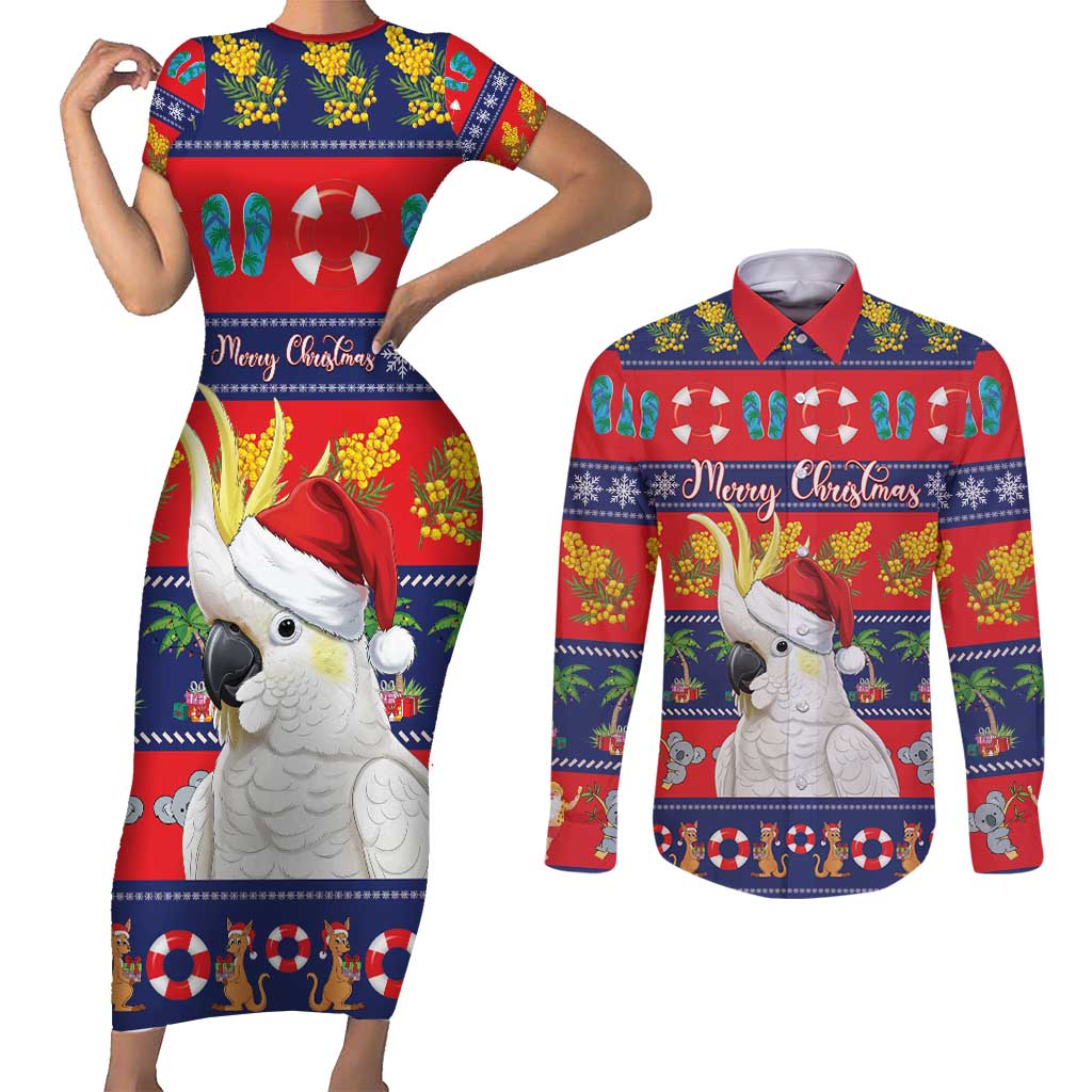 Sulphur-crested Cockatoo Australia Christmas Couples Matching Short Sleeve Bodycon Dress and Long Sleeve Button Shirt Aussie Xmas Beach Vibes - Aussie Hoodie