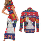 Sulphur-crested Cockatoo Australia Christmas Couples Matching Short Sleeve Bodycon Dress and Long Sleeve Button Shirt Aussie Xmas Beach Vibes - Aussie Hoodie