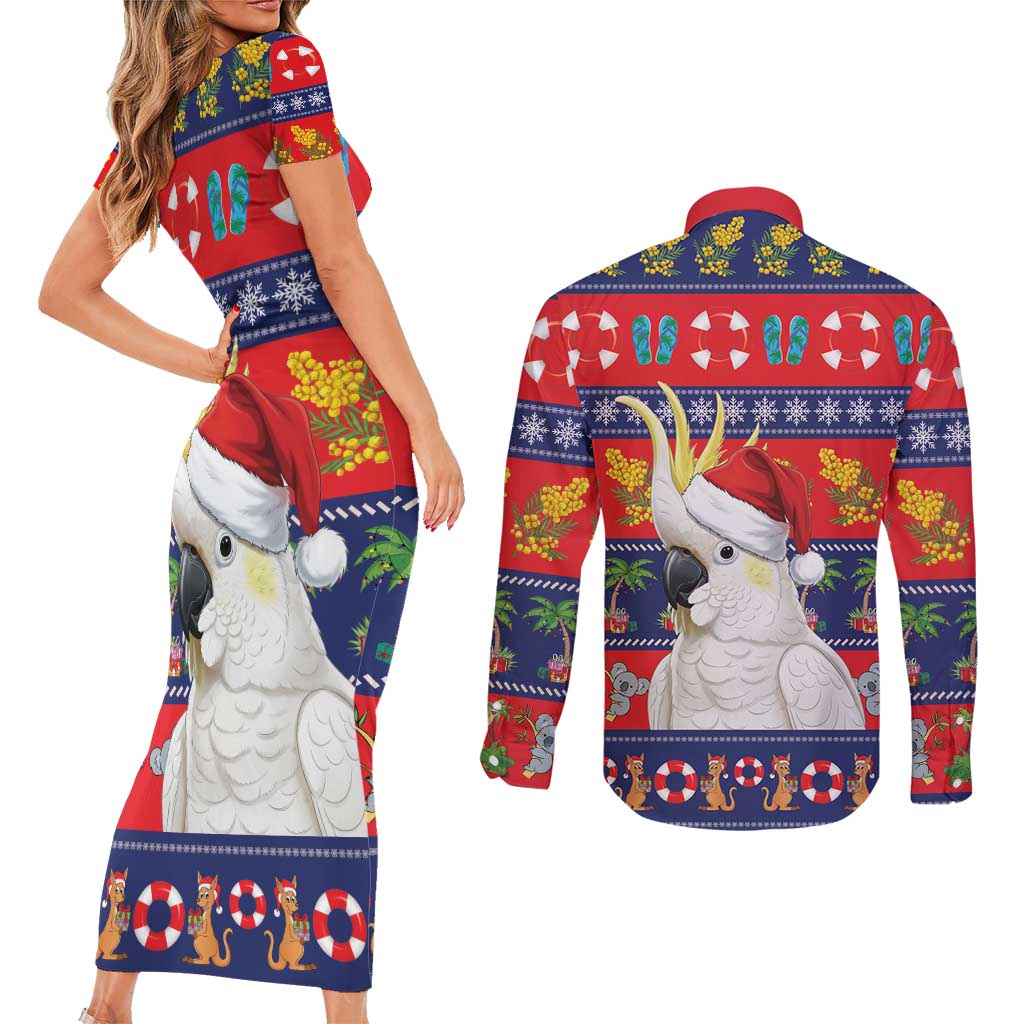 Sulphur-crested Cockatoo Australia Christmas Couples Matching Short Sleeve Bodycon Dress and Long Sleeve Button Shirt Aussie Xmas Beach Vibes - Aussie Hoodie
