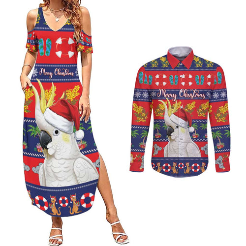 Sulphur-crested Cockatoo Australia Christmas Couples Matching Summer Maxi Dress and Long Sleeve Button Shirt Aussie Xmas Beach Vibes - Aussie Hoodie