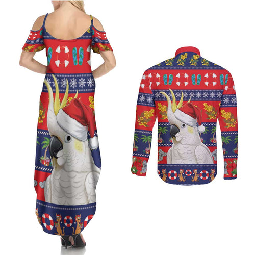 Sulphur-crested Cockatoo Australia Christmas Couples Matching Summer Maxi Dress and Long Sleeve Button Shirt Aussie Xmas Beach Vibes - Aussie Hoodie
