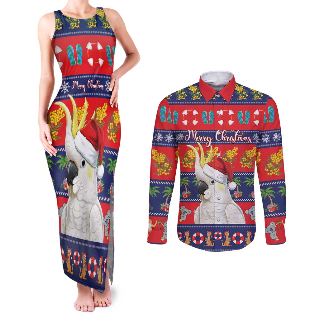 Sulphur-crested Cockatoo Australia Christmas Couples Matching Tank Maxi Dress and Long Sleeve Button Shirt Aussie Xmas Beach Vibes - Aussie Hoodie