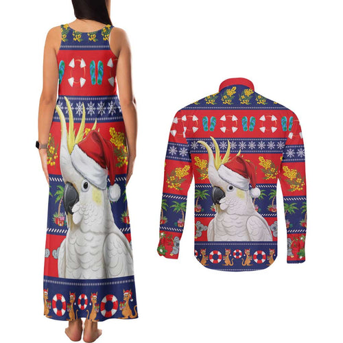 Sulphur-crested Cockatoo Australia Christmas Couples Matching Tank Maxi Dress and Long Sleeve Button Shirt Aussie Xmas Beach Vibes - Aussie Hoodie