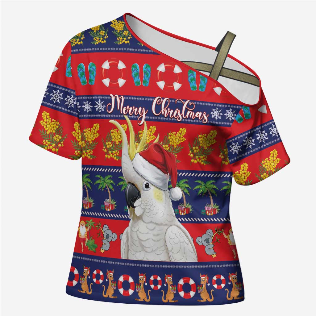 Sulphur-crested Cockatoo Australia Christmas Cross Shoulder Shirt Aussie Xmas Beach Vibes - Aussie Hoodie