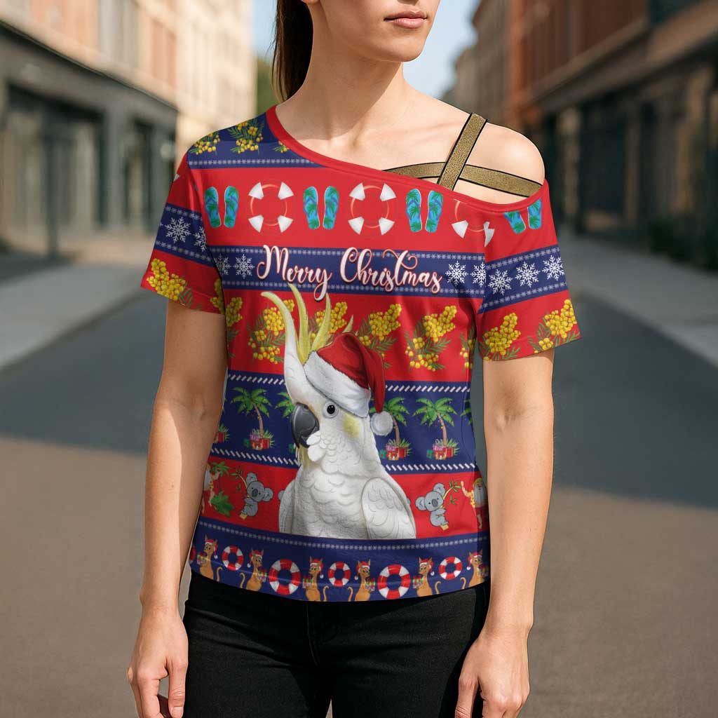 Sulphur-crested Cockatoo Australia Christmas Cross Shoulder Shirt Aussie Xmas Beach Vibes - Aussie Hoodie