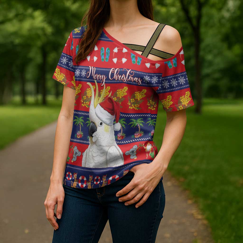 Sulphur-crested Cockatoo Australia Christmas Cross Shoulder Shirt Aussie Xmas Beach Vibes - Aussie Hoodie