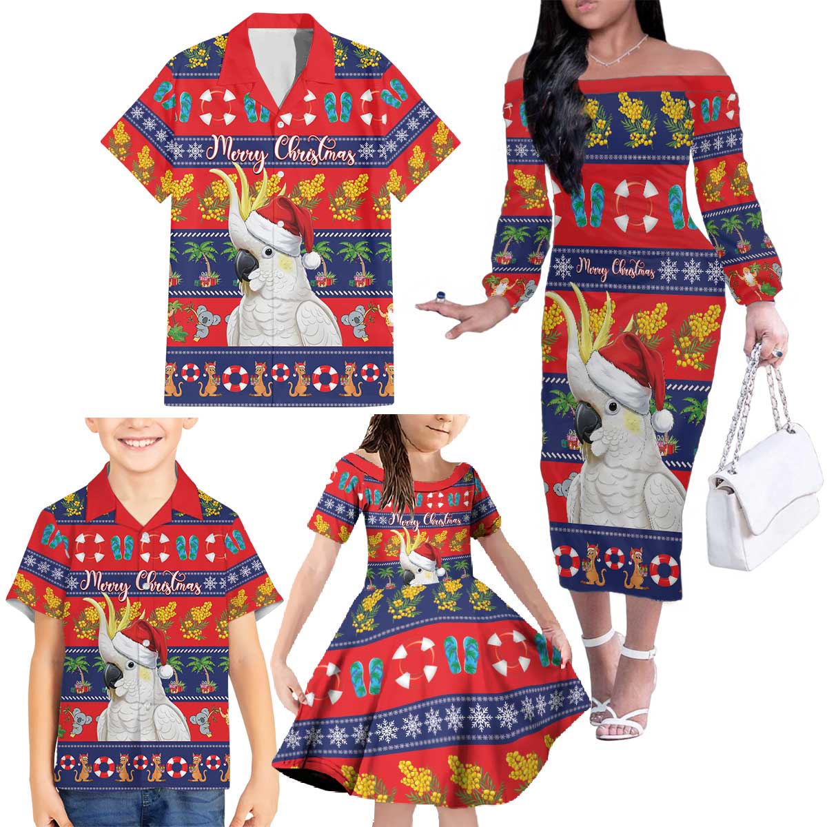 Sulphur-crested Cockatoo Australia Christmas Family Matching Off The Shoulder Long Sleeve Dress and Hawaiian Shirt Aussie Xmas Beach Vibes - Aussie Hoodie