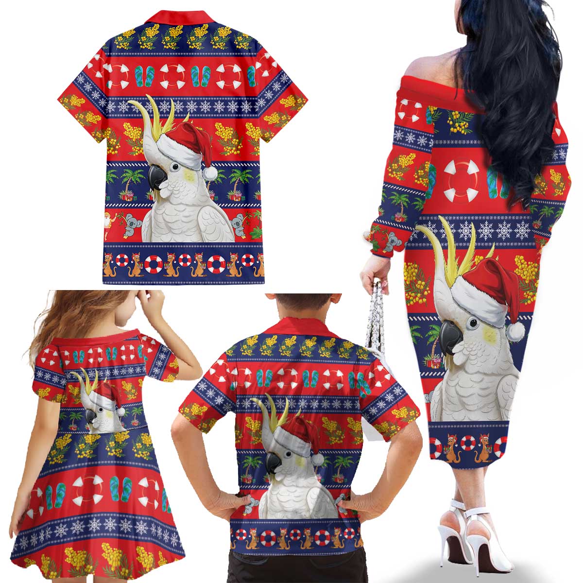 Sulphur-crested Cockatoo Australia Christmas Family Matching Off The Shoulder Long Sleeve Dress and Hawaiian Shirt Aussie Xmas Beach Vibes - Aussie Hoodie